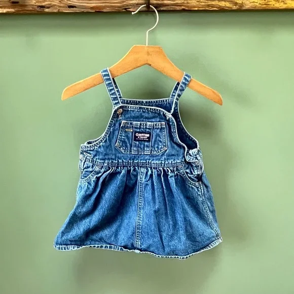 OshKosh Bgosh Baby Girls Blue Denim Overall Jumper Dress Bib‎ Pocket 24M Vintage