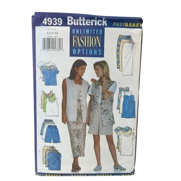 Butterick 4939 Sewing Pattern Vest Shirt Top Skirt Shorts Misses XS-S-M‎