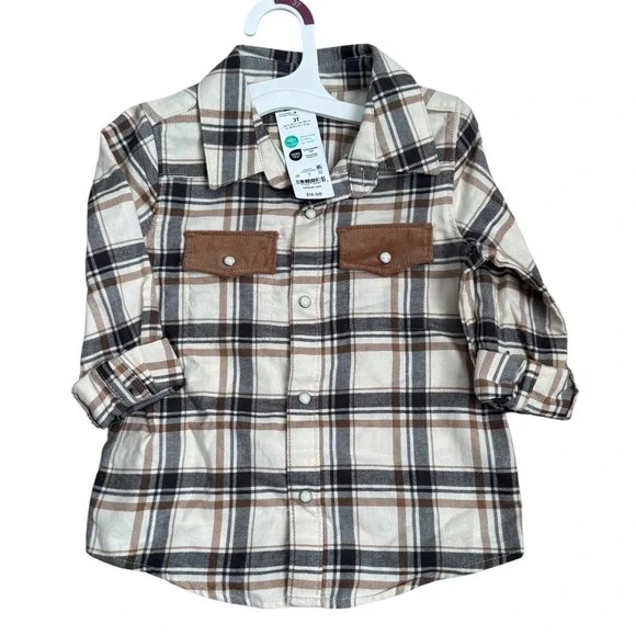 OshKosh Bgosh Toddler Boys Plaid Flannel Snap Button Down Shirt Brown 3T NEW