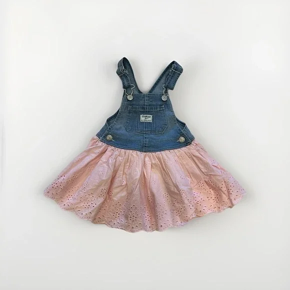 OshKosh B'gosh Toddler Girls Denim Eyelet‎ Skirtall Dress Size 2T Blue Pink