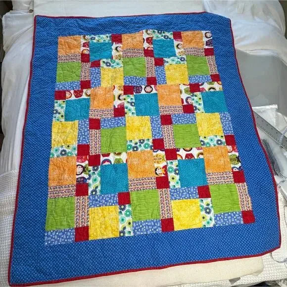 Handmade Baby Quilt Vibrant Colors Excellent condition Block Lime Green Red Blue