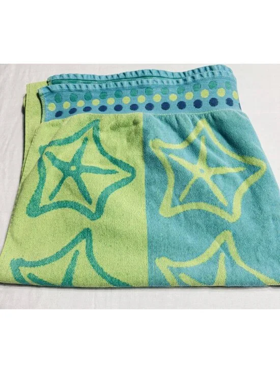 Vintage Palm Cove Beach Bath Towel 33 X 64 Sea Stars Cotton Pastel Green Blue