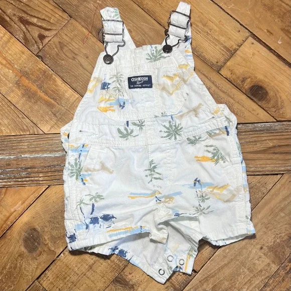 OshKosh B'gosh Baby Boys Girls White Tropical Print‎ Shortalls Size 6M