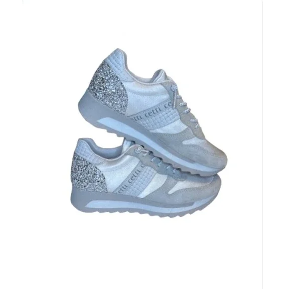 Cetti Luxsportive Shoes Women's White and Silver glitter No tie‎ SZ 38 US 7.5