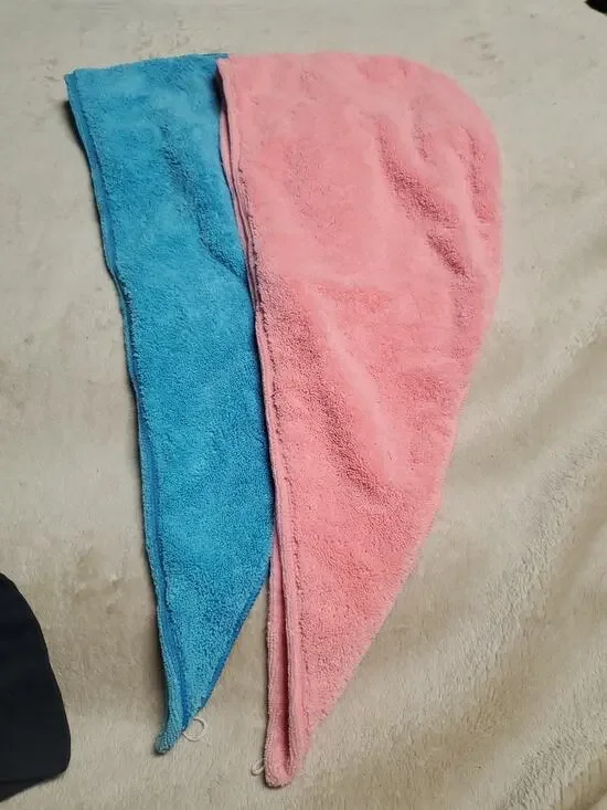 2 Performance Dry Hair Towels Wraps Button Blue Peach Quick Dry Microfiber Set