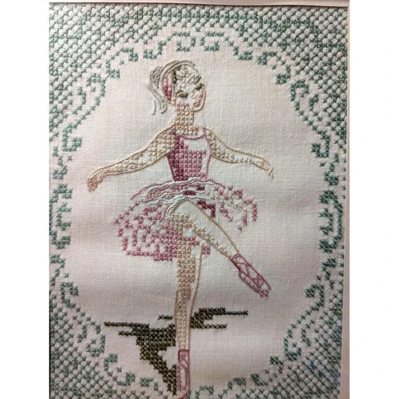 1968‎ Vintage toe point ballerina hand-stitched on linen in frame