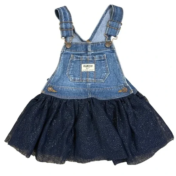 OshKosh Bgosh Girls 18M Denim Jumper Dress Navy Blue Glitter Tulle Tutu Skirt