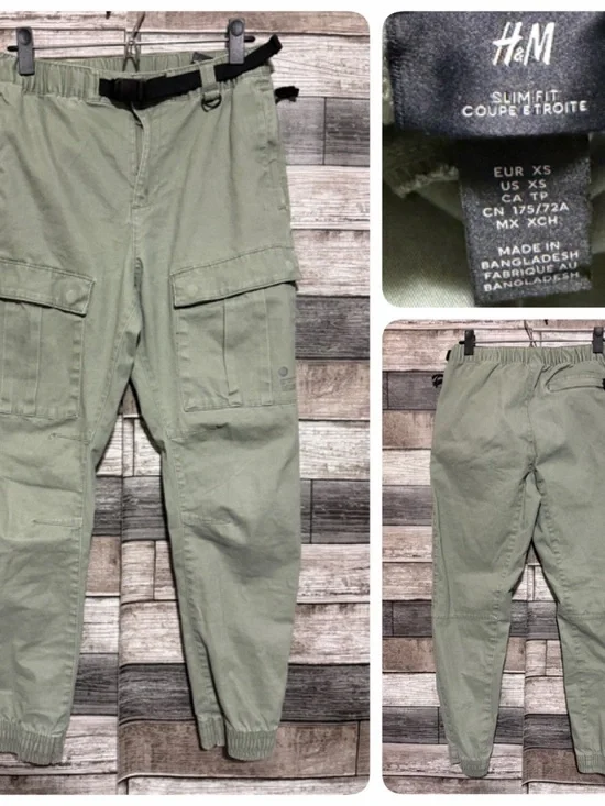 H&M Slim Fit Cargo Joggers Men’s XS Green Belted Tapered (Inseam 26) Zip Pockets