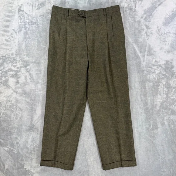 Joseph Abboud Pleated Trousers Men's 34x30 Olive Brown Glen Plaid Dress Pants