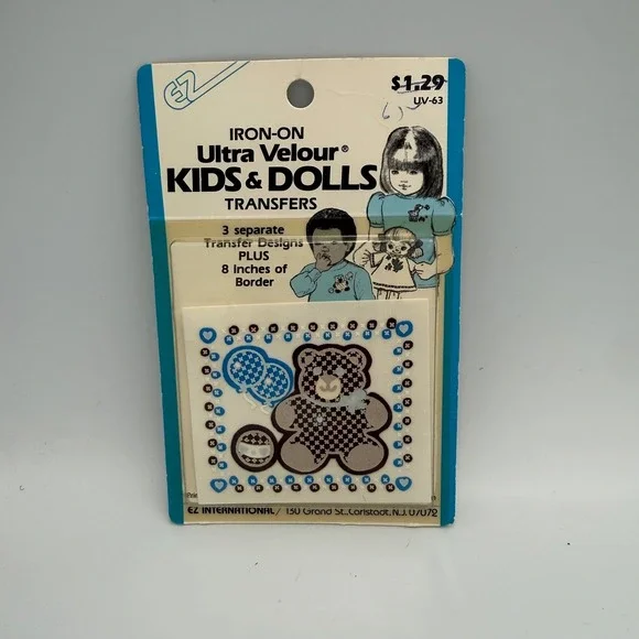 Vintage EZ Ultra Velour Kids & Dolls Iron-On Transfers Teddy Bear UV-63 New