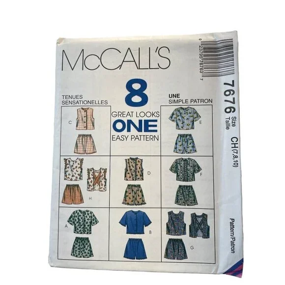 McCalls Sewing Pattern 7676 Top Shorts Child Unisex Size 7-10‎