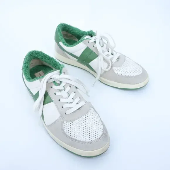 TORY BURCH Hank Court Sneakers White Green Lace Up Low Top Women's 8.5