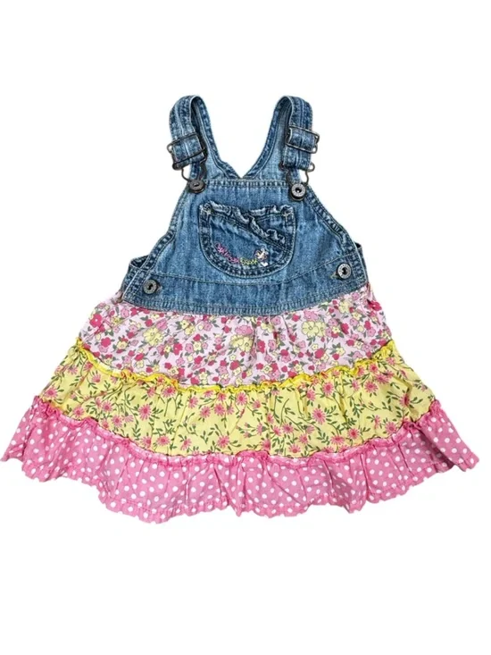 OshKosh B'gosh Denim Bib Overalls Dress Vestbak Pink Floral Baby Girls 18 Months