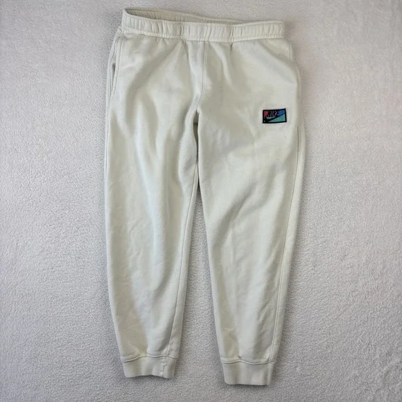 NIKE Mens 'Club Fleece' Joggers Large Cream Patch Logo Tapered Sweatpants