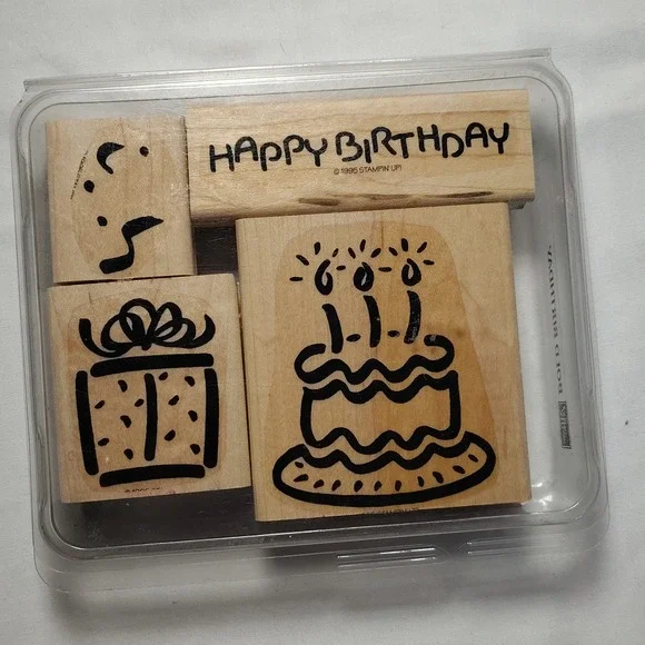 Vintage Stampin Up Bold Birthday Wood‎ Mount Stamp Set Retired 1995 4 Pieces