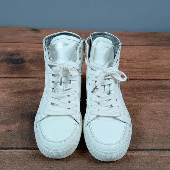 Zadig & Voltaire Paris White Leather High Top Sneakers Zip Lightning Bolt size37