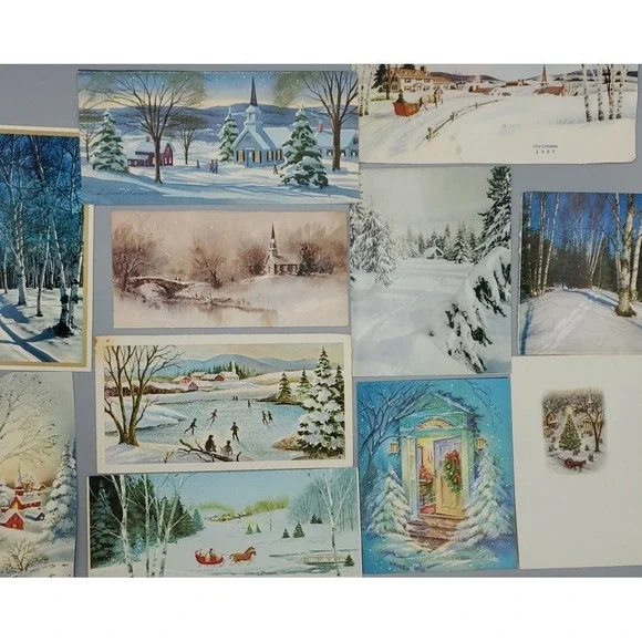 11 Old Vintage Used Christmas Card Fronts for Crafts Winter Snow Country‎ Woods