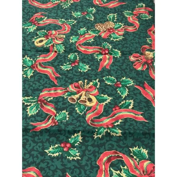 Christmas Fabric Remnant Green w/ Ribbon, Pine Cones, Musical Instruments Print