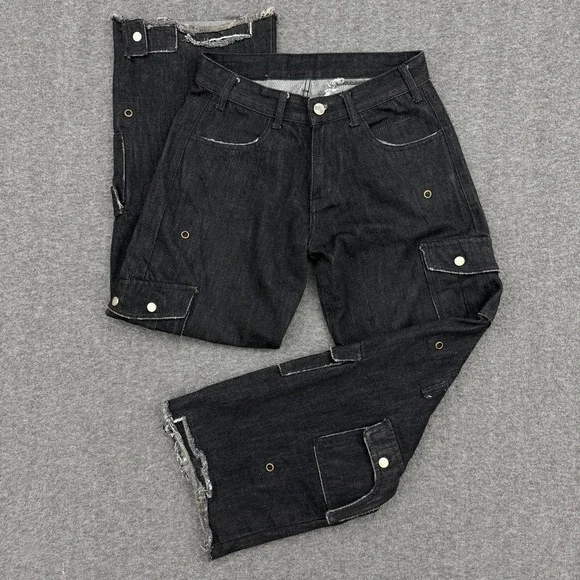 FAITPARLUI Les Demons Portent Cargo Pants Mens 28x30 Black Selvedge Denim Wide *