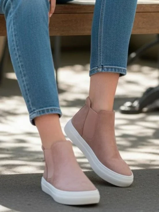 Blush Nubuck Slip-On Platform Sneakers With Elastic Side Panels & White Soles Fo