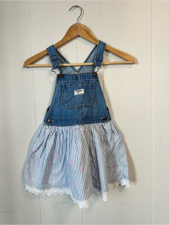 OshKosh Denim Overall Dress with Blue Striped Skirt