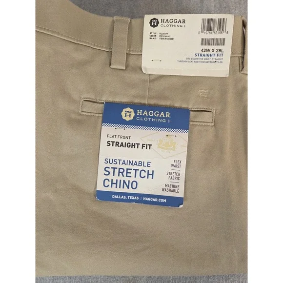 Haggar Straight Fit Men's 42x29 Sustainable Stretch‎ Chino Pants Flat Front NEW