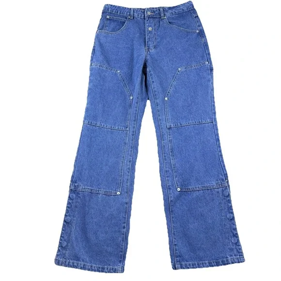 Mens Denim Cargo Jeans Blue‎ Medium Wide Leg Snaps Streetwear Utility Y2K Skater