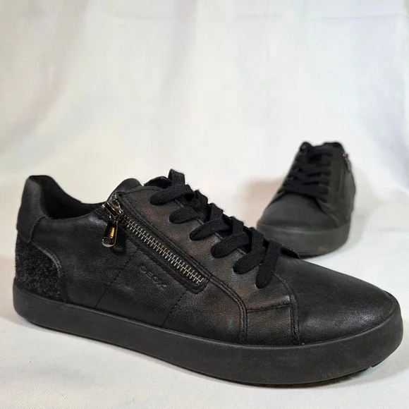 GEOX Respira Blomiee Black Leather‎ Glitter Zip Sneakers Womens 10 EUR 40