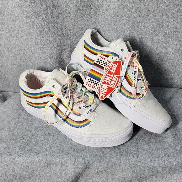 Vans Old Skool Shoes Womens Size 6.5 Mens 5 White Rainbow Pride‎ Love Laces Rare