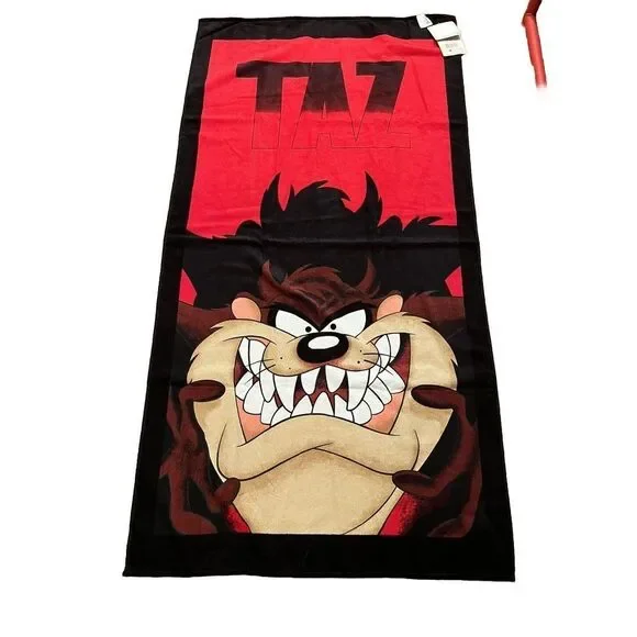 NWT Vintage 1999 Looney Tunes Beach Bath Towel Taz Tasmanian Devil Red Black