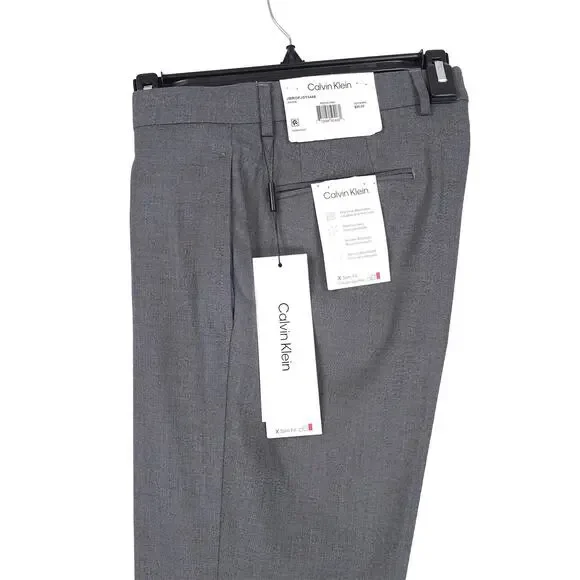 Calvin Klein Mens Slim Fit Dress Pants 33x32 Medium Grey Solid Sharkskin Stretch
