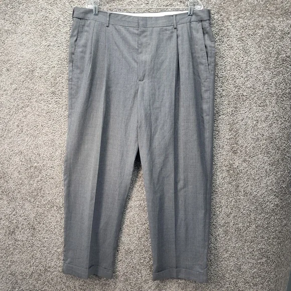 Haggar Mens Pleated Dress Pants Gray Wool Blend Cuffed Trousers 40x30