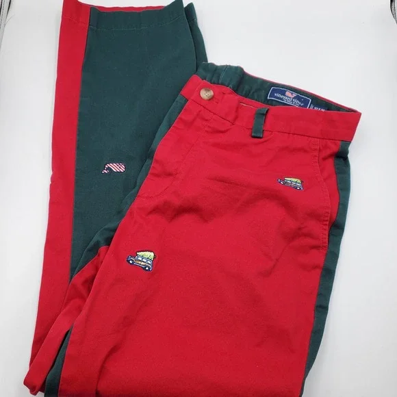 Vineyard Vines Men Two Tone Red Green Whale & Car Embroidered Chinos Pants 32x29
