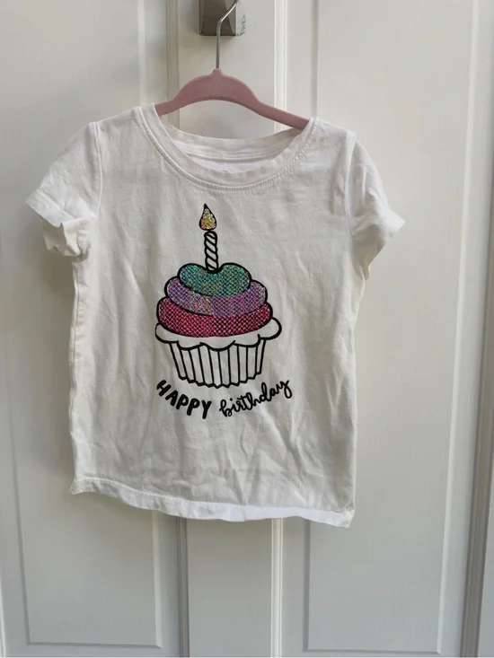 OshKosh B'gosh Girls 4T Happy Birthday White Short Sleeve Shirt Top Cupcake