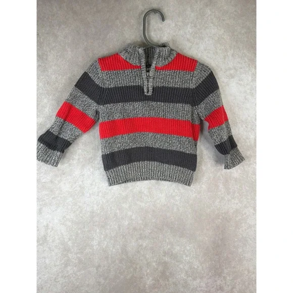 OshKosh B'gosh Quarter Zip Sweater Boys 18M Red Grey Striped Chunky‎ Knit