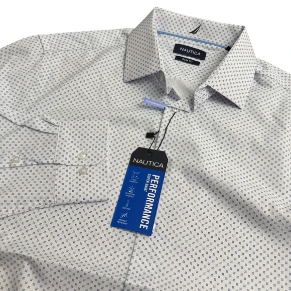 Nautica Mens‎ Slim Fit Performance Dress Shirt Blue Geo Print Long Sleeve Size L