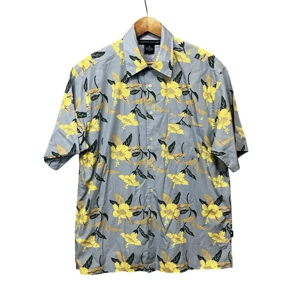 Tommy Hilfiger Hibiscus Floral Button Down‎ Shirt Blue Yellow Cotton Medium