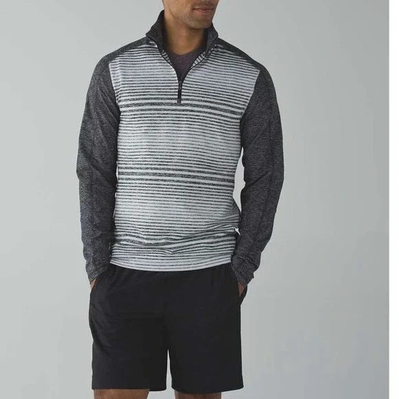 Lululemon Sz L Surge Warm 1/2 Zip Mini Akido Stripe Heathered Black Silver Spoon
