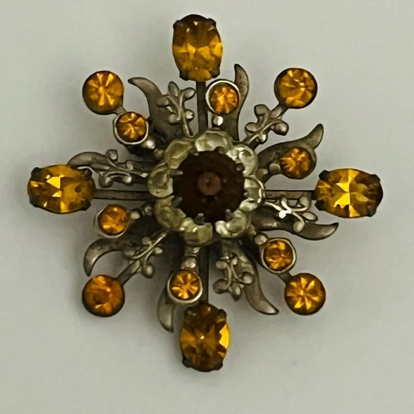 Vintage Amber Rhinestone Atomic Starburst Brooch 1.25” Mid Century Spray Pin