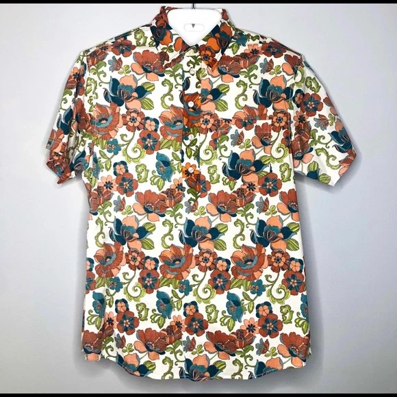 FABRIC BY BLACKBURN Floral Short Sleeve Cotton Oxford Button Down Collar Polo