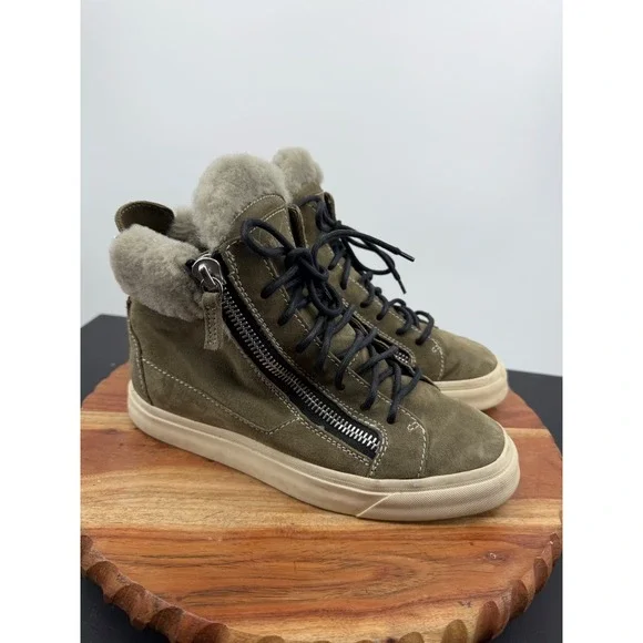 Giuseppe Zanotti Shearling Suede High Top Sneaker Womens 37 7 Olive Green Zipper