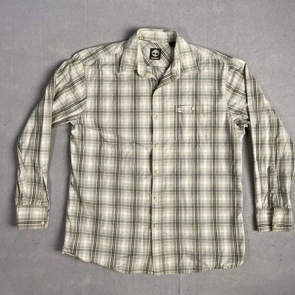 Timberland Casual Button Front Shirt Men Medium Beige Plaid Long Sleeve‎