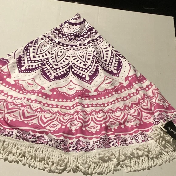 Pink and Purple Mandala Tapestry with Fringe Round beach towel