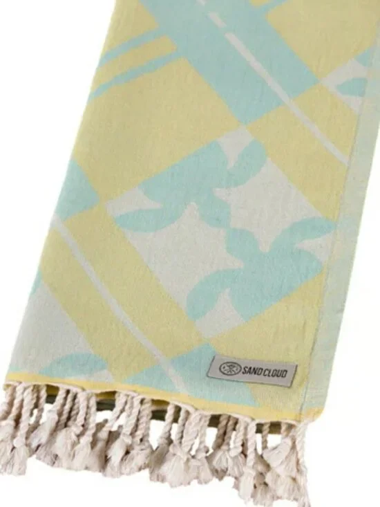 Sand Cloud Turtle Plaid Towel Yellow Green Save the Fishes New!