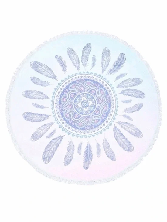 Round Mandala Feather Summer Beach Towel - Light Blue NWT