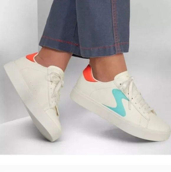 Skechers Eden LX Court Classics Off White With Coral Pink + Teal Accents Size 10
