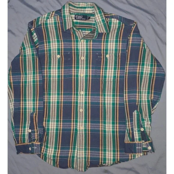 Polo Ralph Lauren Blue/Green Button Up Flannel Shirt Plaid Workshirt Sz XL