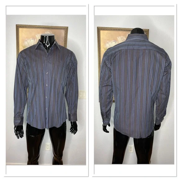 Bugatchi UOMO Men’s Striped 100% Cotton Dress Shirt Sz L Blue & Charcoal