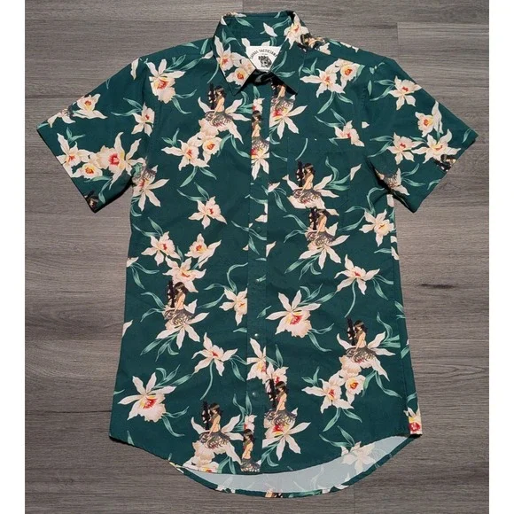Savage Tacticians Men's Green Hula Girls Guns Floral Hawaiian Shirt‎ Size Small