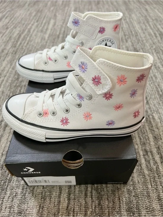 Converse Kids White High-Top Sneakers with Pink & Purple Floral Embroidery